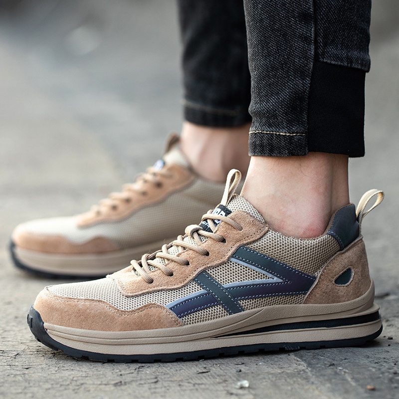 Running Comfort Kasut Tulldent Safety Shoes Men Steel Toe Cap Anti-smashing Anti-piercing Breathable Khaki - Image 5