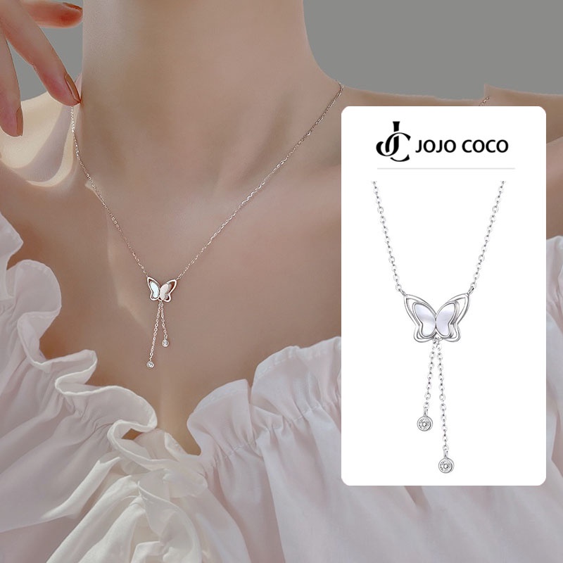 JOJO COCO S925 Silver Plated Necklace Korean Style Butterfly Tassel Necklace Clavicle Chain for Women