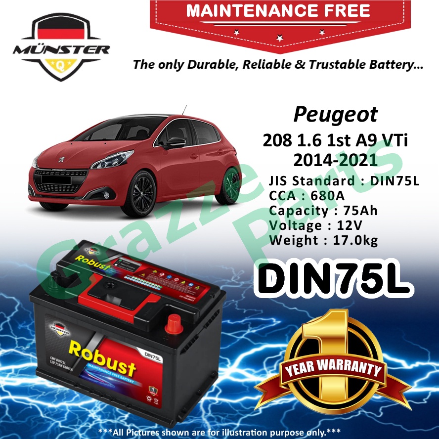 Münster Robust MF CMF DIN75 | DIN75L | 57539 (75AH) Car Battery Bateri Kereta for Peugeot 208 1.6 1s
