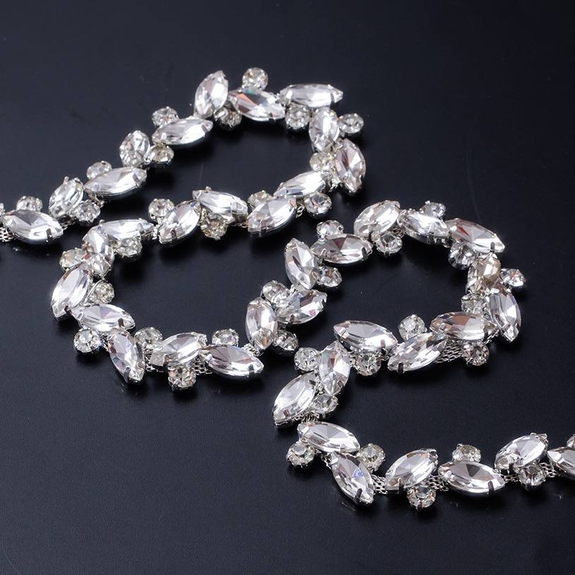 QIAO 90cm Sew on Rhinestone Crystal clear Horse eye Chain Glass Beads Trim Diy Wedding Accessorie
