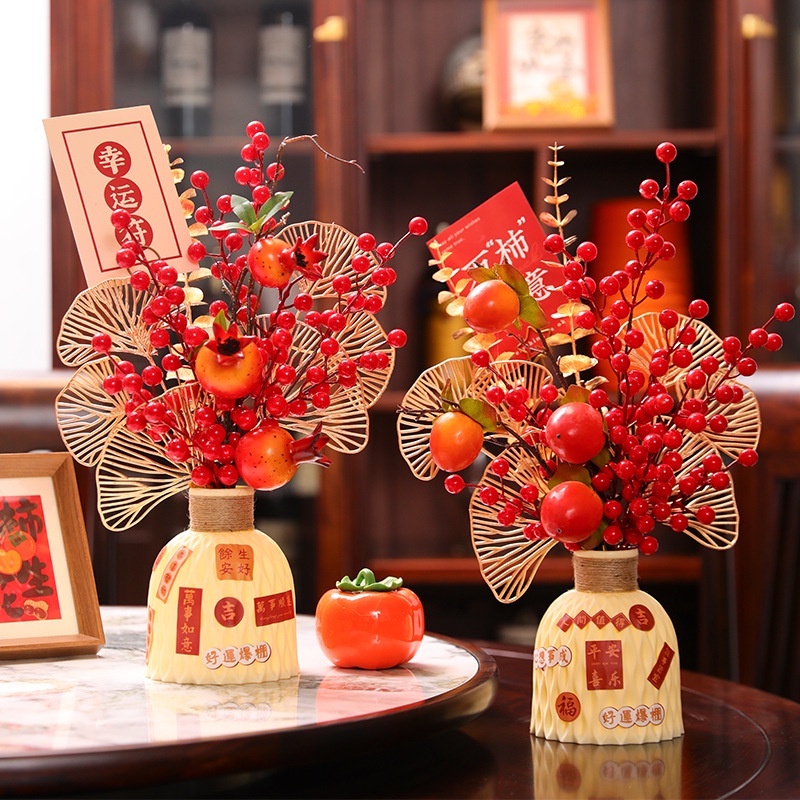 Year of the Dragon Spring Festival Decoration 2024 Housewarming Fortune Fruit Hug Bucket Living Room Decoration Simulation Flower New Year Blessing Bucket Decoration