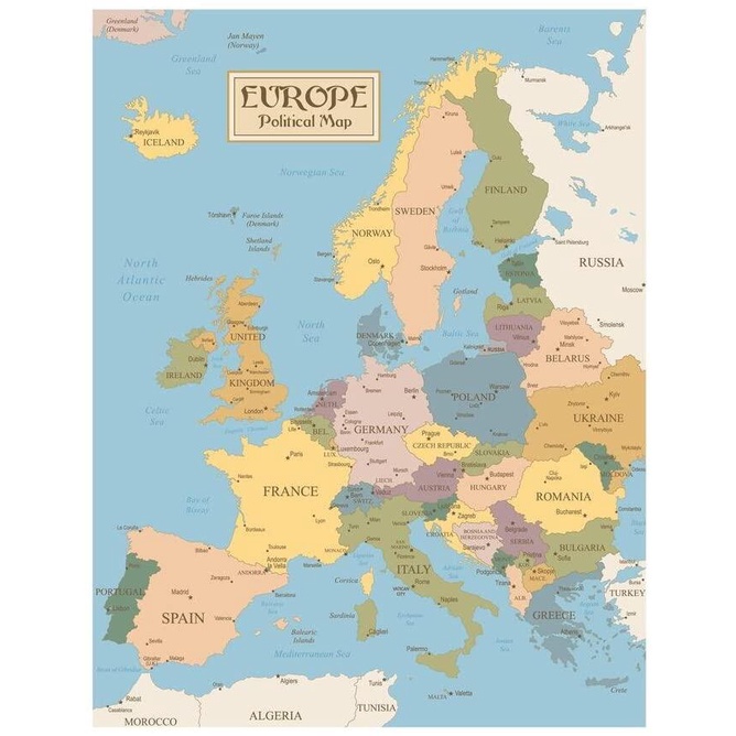 Vintage Map of Europe Travel World Political Map Cities in Detail Map Posters for Wall Map Art Wall Decor Geographical Illustration Tourist