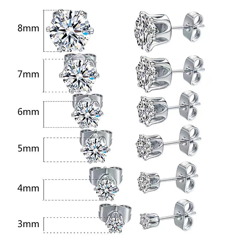 1Pairs Titanium Steel Crystal Studs Earrings for Women Men Round Clear Cubic Zirconia Ear Jewelry