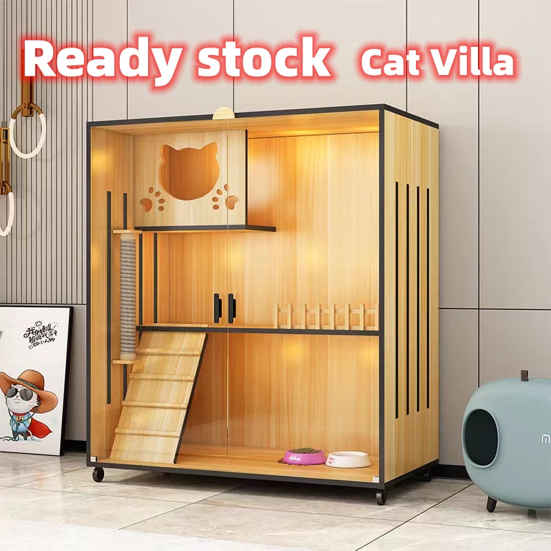 IN STOCK Sangkar Kucing Cat Cage Anak Kucing Toughened Glass Door Ladder Large Pet House villa solid wood giant cat cage