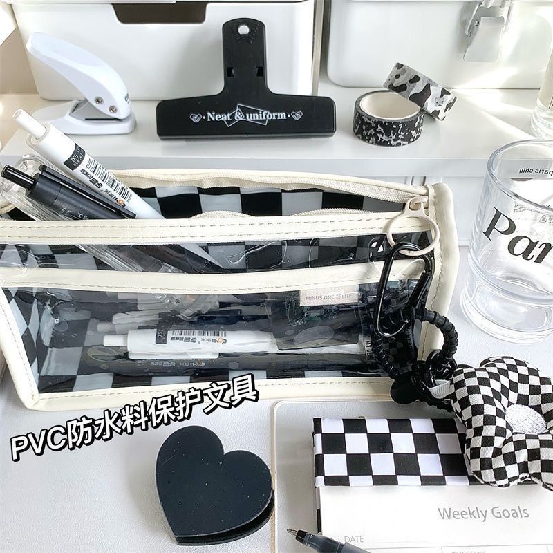 Casual Daily Ohaya Double-layer transparent checkerboard pencil case waterproof pvc black white pen bag Large capacit... - Image 3