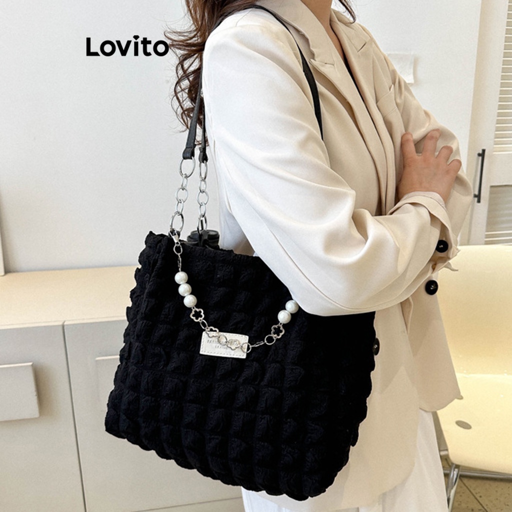 Lovito Casual Shoulder Tote Bag Plain Basic Shoulder Tote Bag for Women LFA04001 (White/Black)