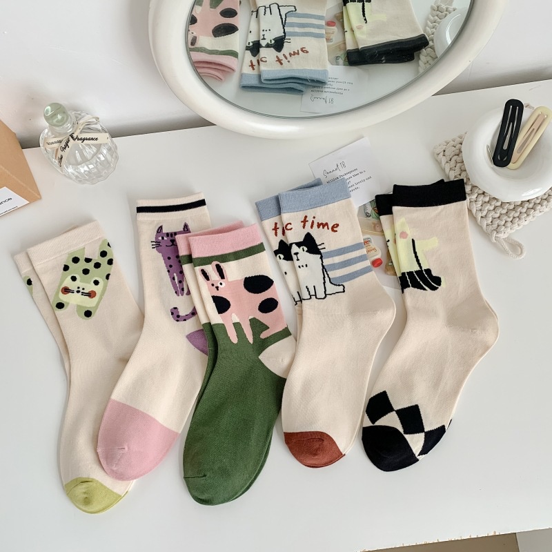 MALAYSIA READY STOCK!1 Pair Korean Style Women Socks with Fancy Cat & Kitty Qute Unique Colors Socks (5 Colors)
