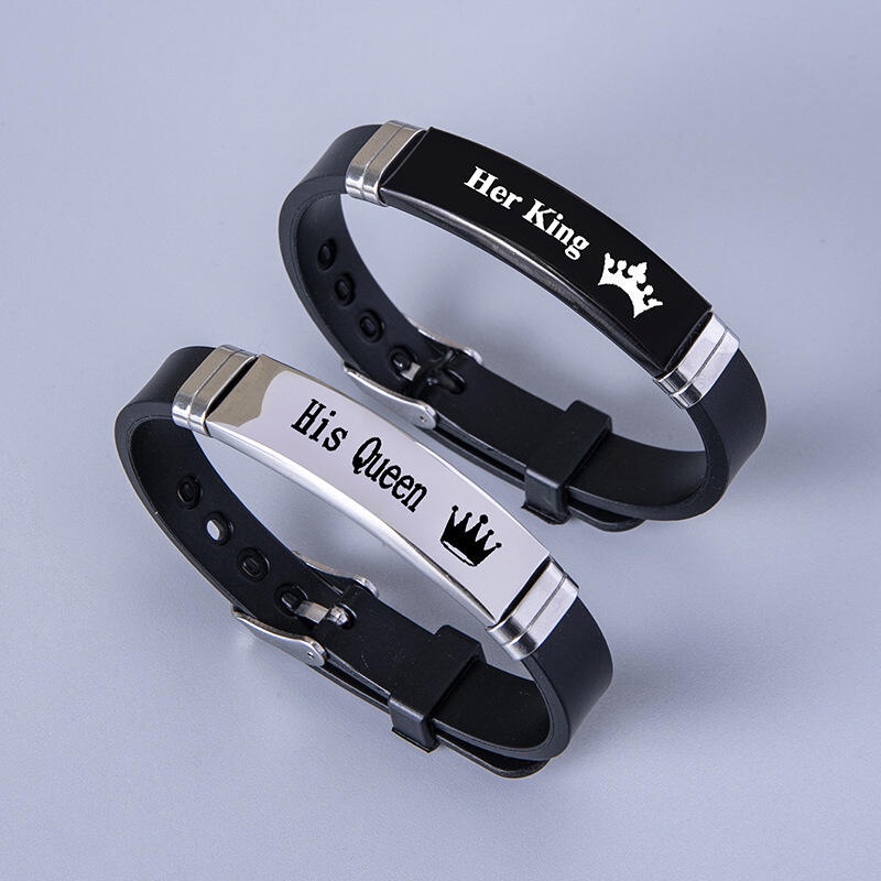 Stainless Steel Men's Fashion Couple Crown Her King His Queen Letter Silicone Bracelet Party Jewelry Accessories