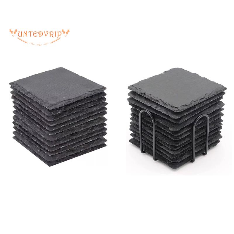 12PCS Slate Coasters Bulk 4 Inch Square Black Slate Stone Coaster Handmade Drink Bar Slate Coasters