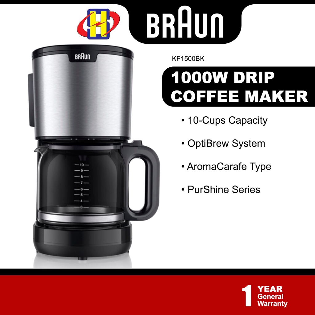 Braun Coffee Machine Drip(1000w) OptiBrew System 10 Cup AromaCarafe KF1500BK