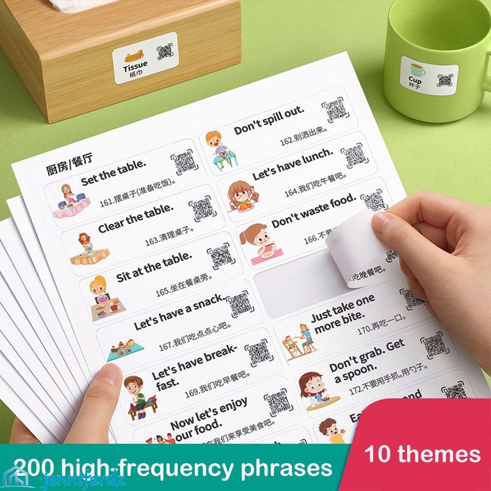 JENNIFERDZ Spoken English Stickers, Early Education Labeling Stickers English Words Sentences Sticker, 4/10sheets Waterproof Life Scene Stickers Enlightening Stationery