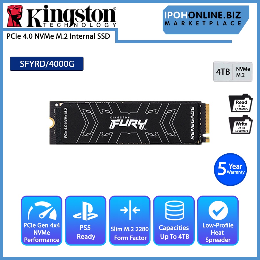 Kingston FURY Renegade PCIe 4.0 NVMe M.2 SSD 4TB up to 7300/7000MB/s read/write SFYRD/4000G | Ipohonline