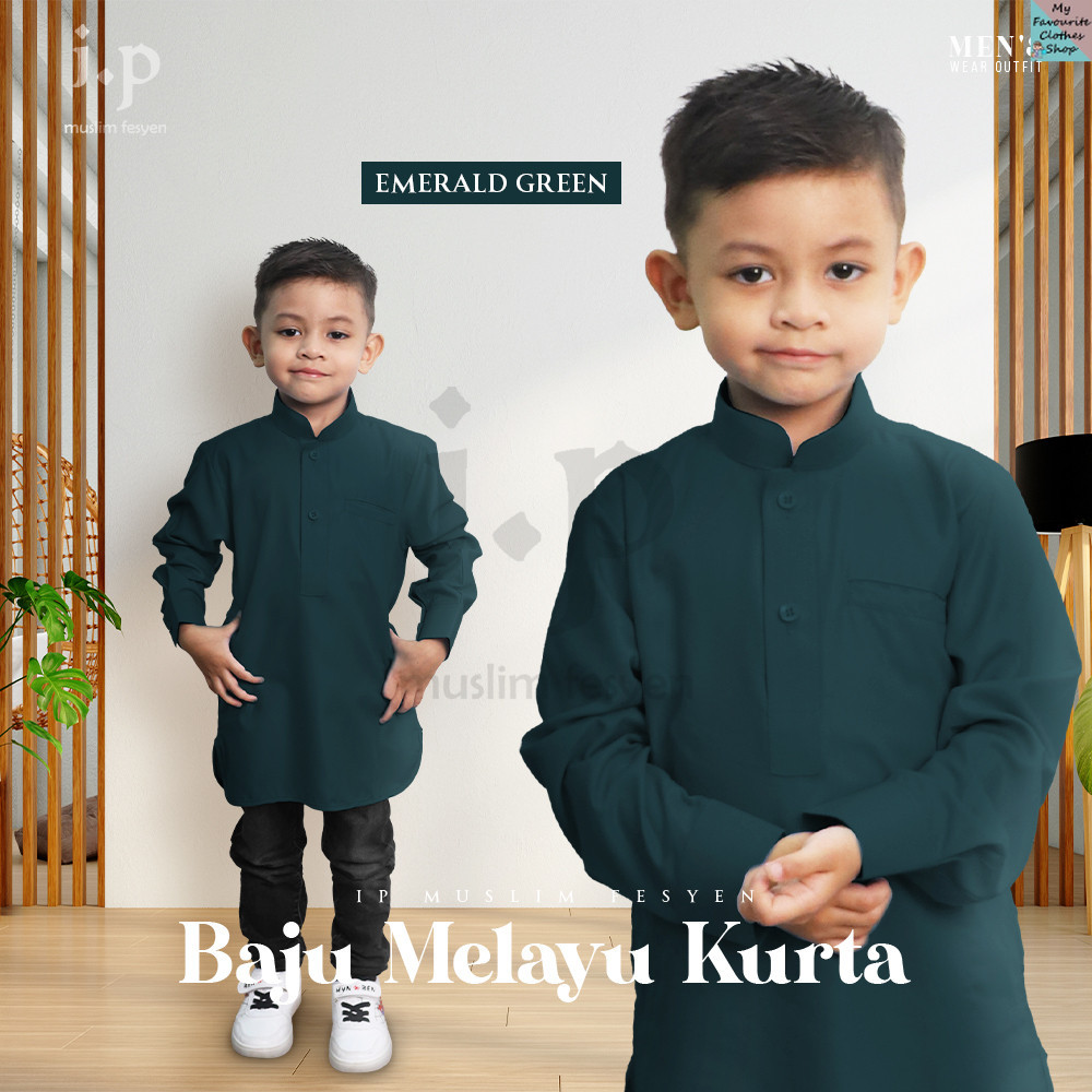 . EMERALD GREEN Baju Kurta BUDAK Soft Cotton Slimfit / Size : 0-14 / Baju Raya Baby