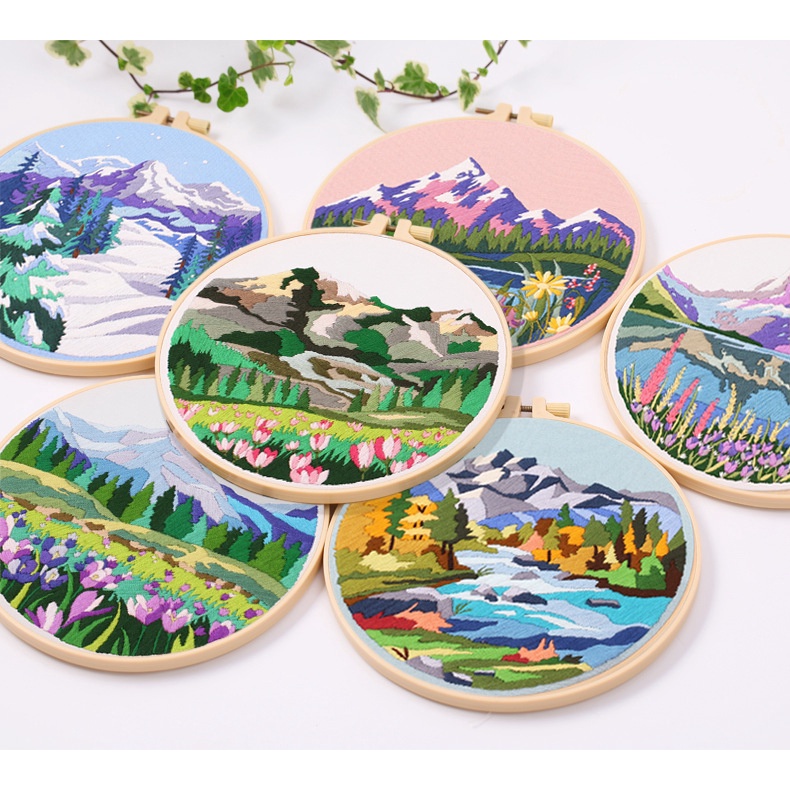 [HEPU] Embroidery material kit, cross stitch kit, mountain and woods pattern, simple embroidery suitable for beginners adults, women handcraft, decoration