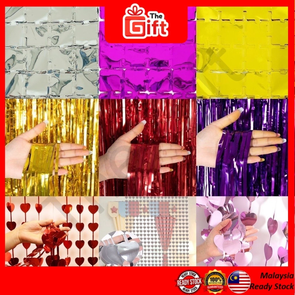 The Gift Love Heart/ Square/ Foil Rain Fringe Curtain Backdrop Birthday Wedding Banners Besday Hiasan Belon Decor