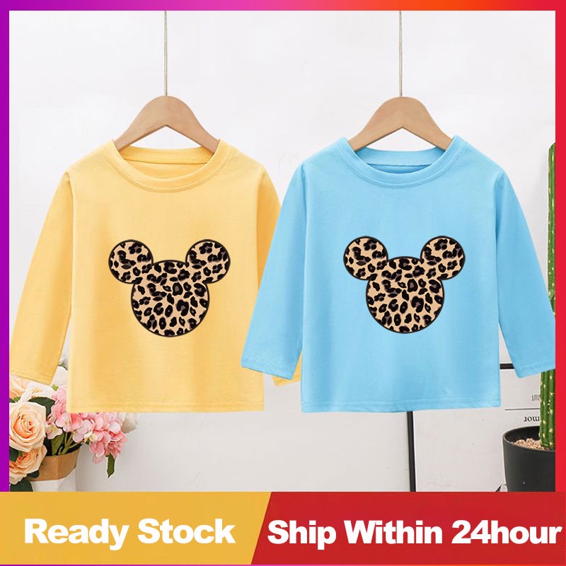 100% Quality Cotton T Shrit 3-14Y Baby Girls Boys Leopard Cartoon Printing Tshirt Autumn Winter Long Sleeve Tee Shirt Outwear Baby Children Clothing