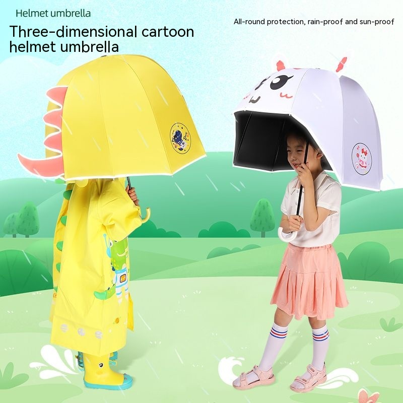 Children's umbrella rain gear cartoon 3D new cartoon safety reflective strip children's umbrella sunscreen super cute helmet umbrella