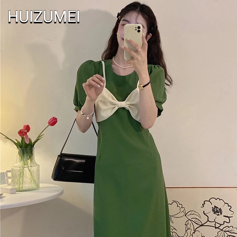 99 HUIZUMEI Two-Piece Faux Short-Sleeved Dress with Bow Waist Fit High Fashion for Women
