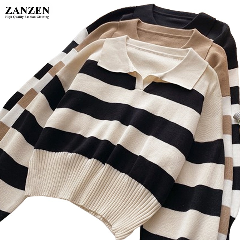 ZANZEN Korean Style Women Striped Knitted Women Ladies O-Neck Long Sleeve Knit Top Sweaters Shirts Loose Blouse