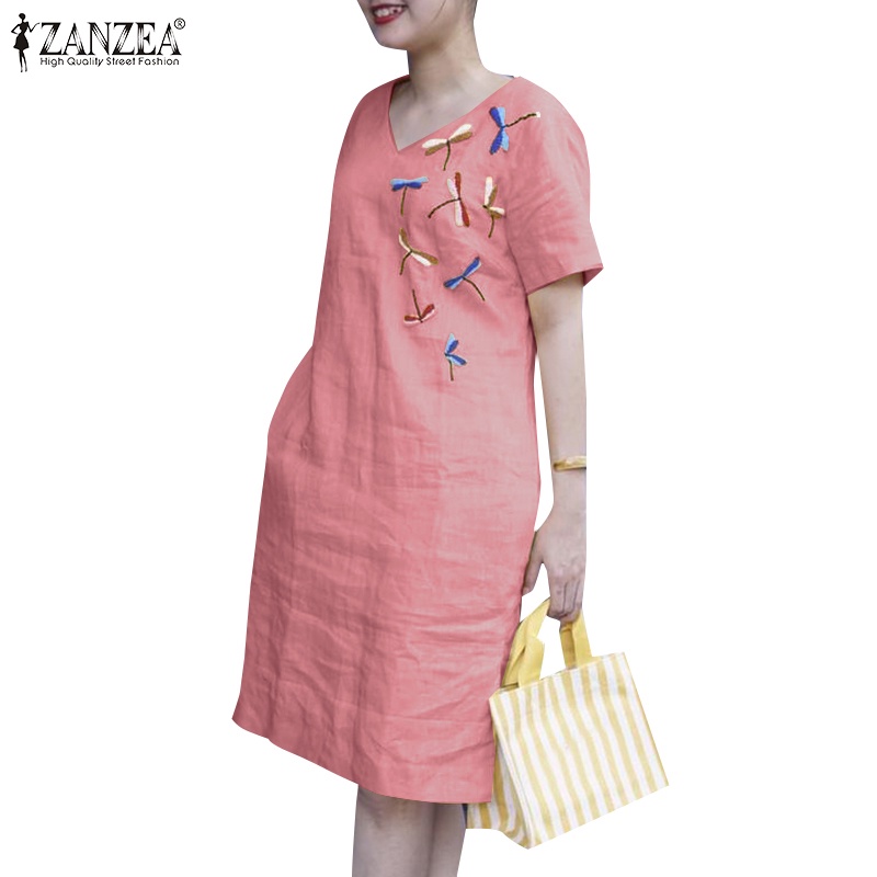 ZANZEA Women Korean Round Neck Short Sleeve Embroidered Midi Dresses