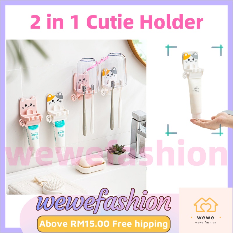 READY STOCK!!!2 in 1 Toothbrush Holder Toothpaste Rack Cute Cat Kucing Bathroom Wall-mounted Dispenser Rack Ubat Gigi