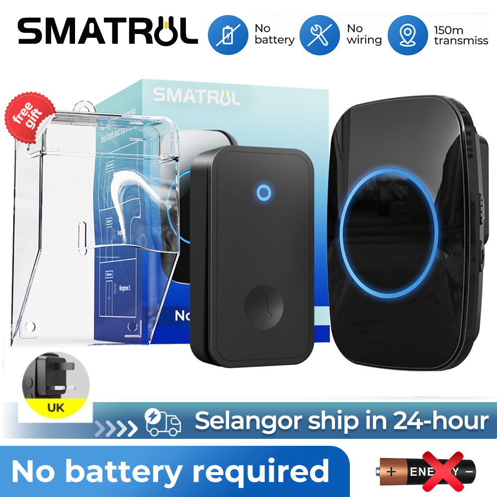 SMATRUL CACAZI Self Powered Waterproof Wireless DoorBell Smart Door Bell No Battery Electric Security Alarm LED Light Receiving Prompt Chime Ring Doorbell Smart Home [UK Plug]