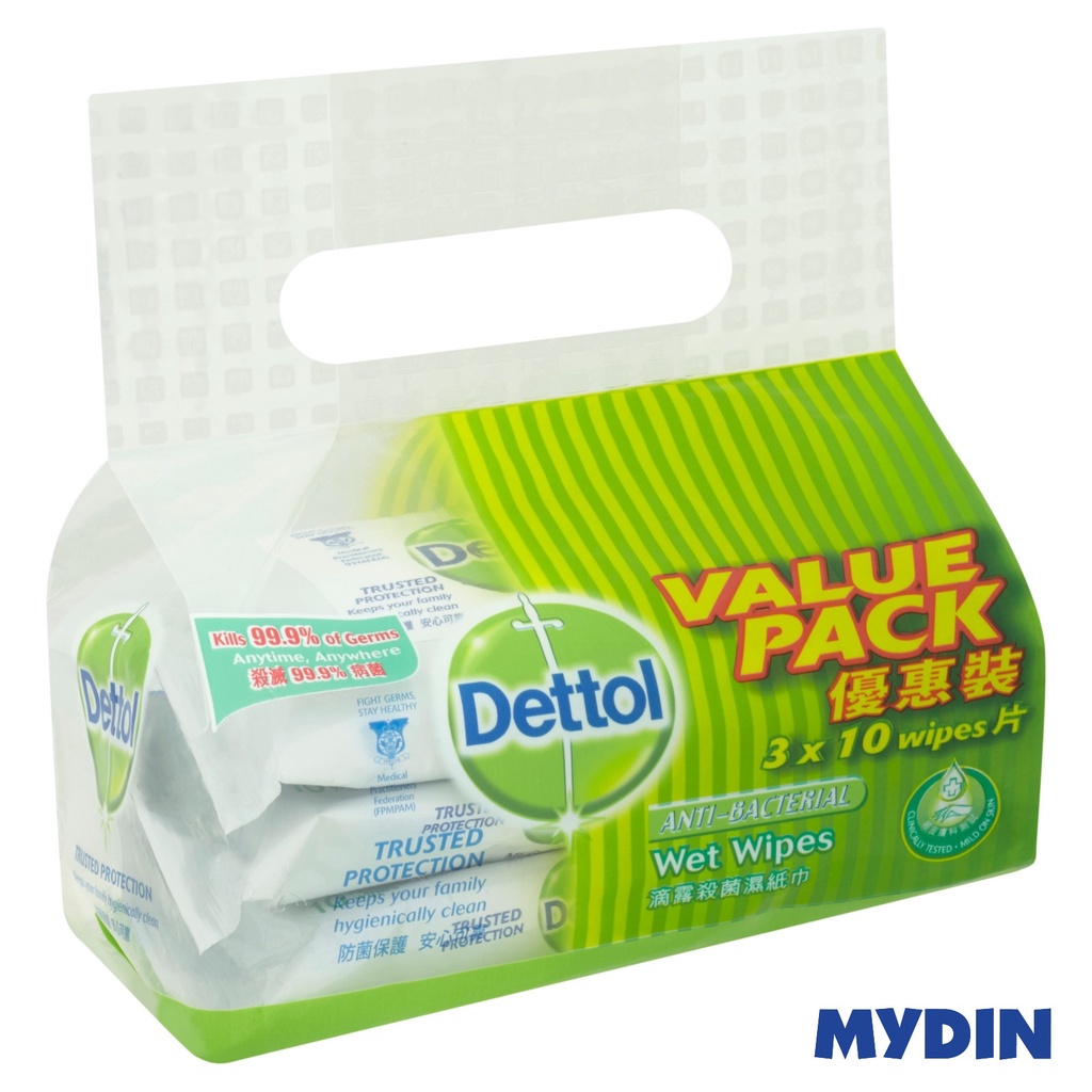 Dettol Anti-Bacterial Wet Wipes (3 x 10 Wipes) [Value Pack]