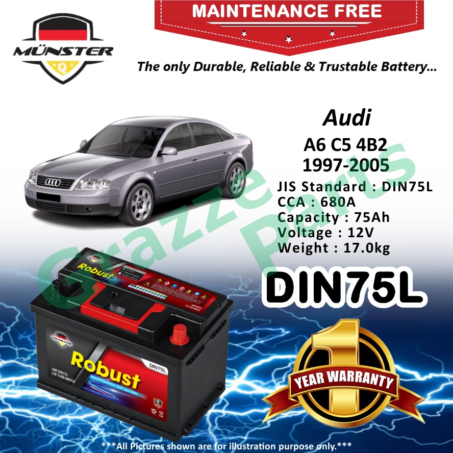 Münster Robust MF CMF DIN75 | DIN75L | 57539 (75AH) Car Battery Bateri Kereta for Audi A6 C5 4B2 199