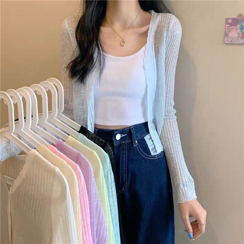 V-Neck Knitted Women Cardigan Long Sleeve Sun Protection Thin Outerwear  V领薄款针织开衫长袖防晒外套