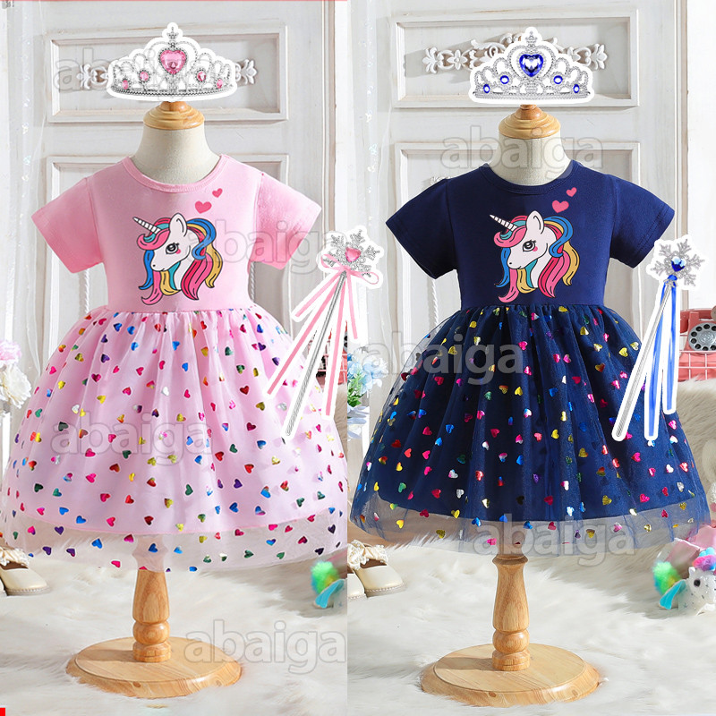 Cute Unicorn Dress for Kid Girl Korean Style Colorful Heart Sequin Gauze Tutu Dress Princess Gown for Baby Girl 1st Birthday Party Performance Apparel