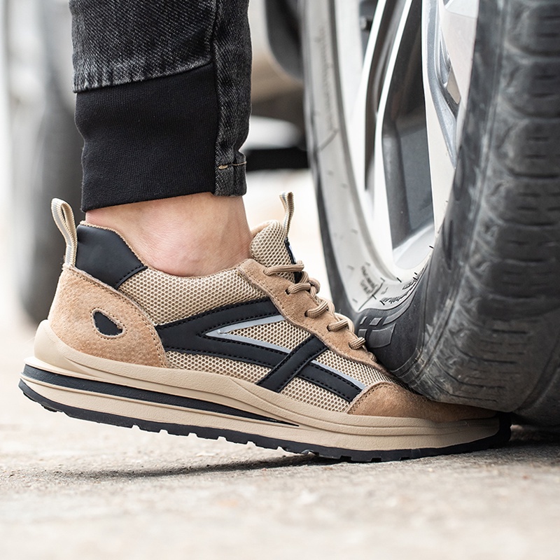 Running Comfort Kasut Tulldent Safety Shoes Men Steel Toe Cap Anti-smashing Anti-piercing Breathable Khaki - Image 3