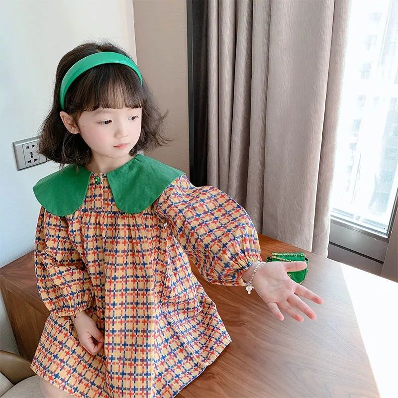 Girls Retro Style Colorful Plaid Puff Sleeve Dress Fashionable Green Large Lapel Princess Dress