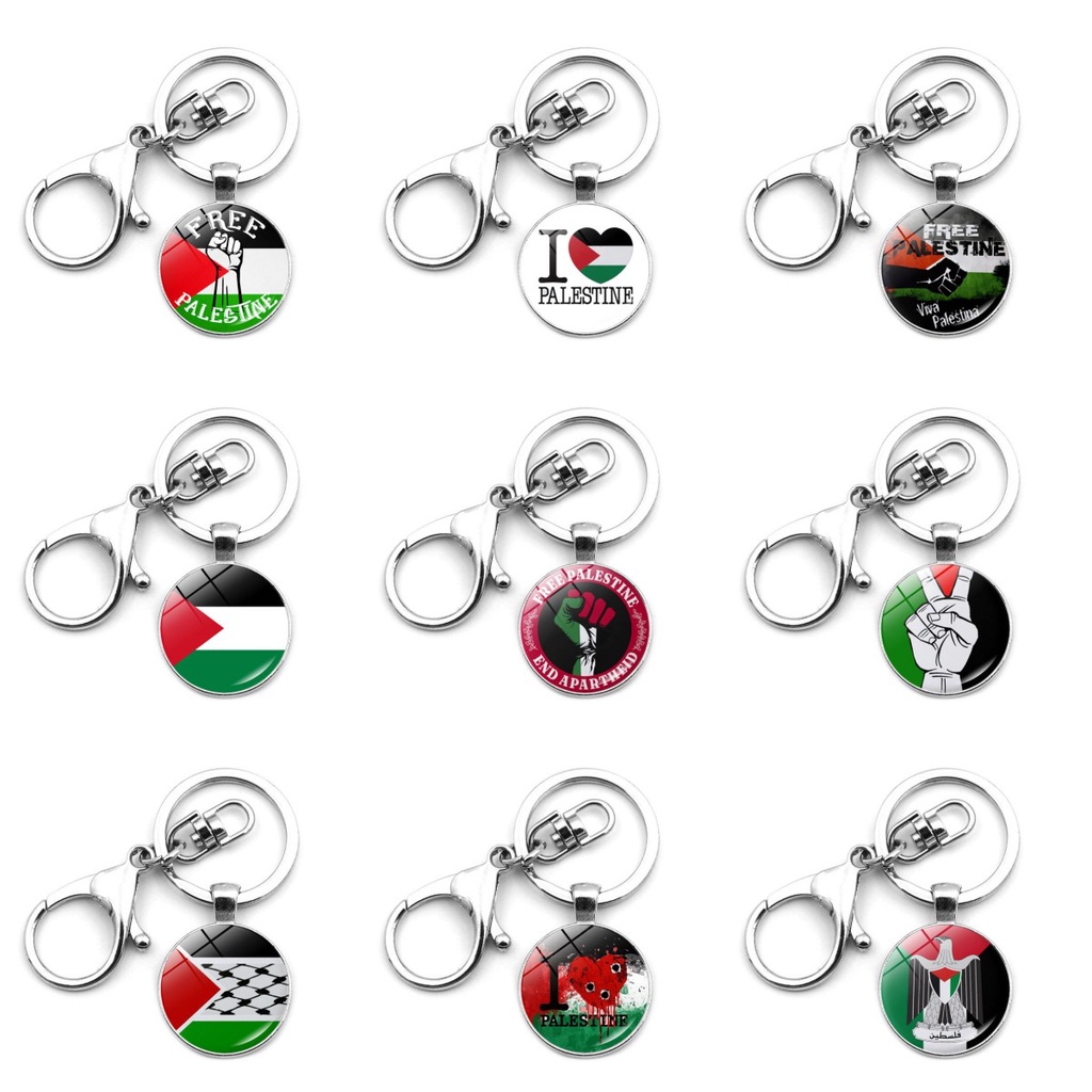 Creative Palestinian Flag Keychain Fashion Glass Round Keyrings For Men Women Peace Car Key Holder Bag Pendant Accessories