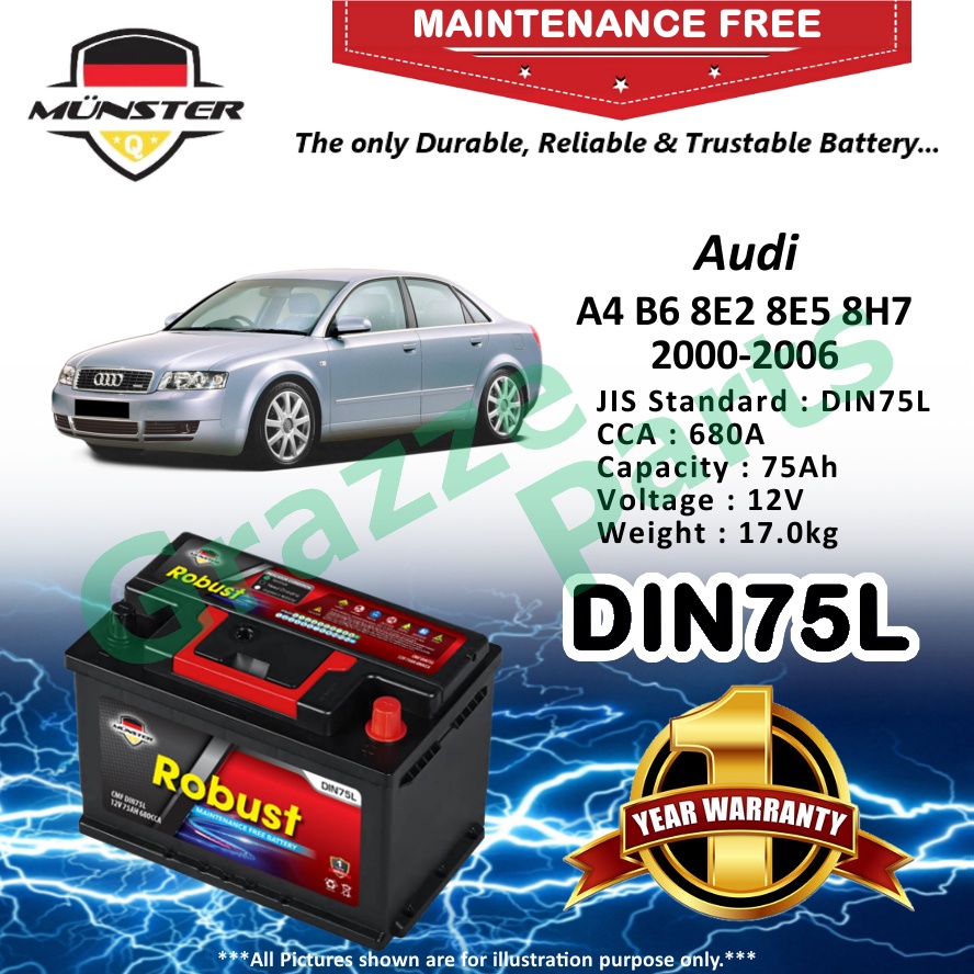 Münster Robust MF CMF DIN75 | DIN75L | 57539 (75AH) Car Battery Bateri Kereta for Audi A4 1.8 B6 8E2