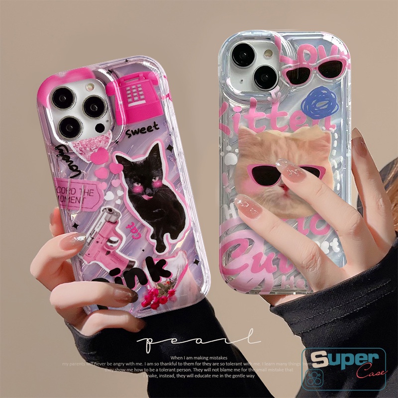 Cool Puppy Sweet Sunglasses Pink Cat Couples Case Compatible for IPhone 11 15 13 14 12 Pro Max 7Plus XR X XS MAX 7 6 6S 8 Plus SE 2020 Luxury Laser Card 3D Stereo Corrugation Cover