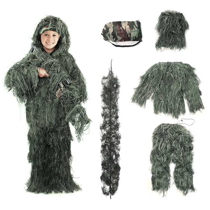 Premium Durable 5PCS kids Ghillie Suits child Camouflage Tactical Army Jungle Military Suit Tops Pants Hats Birding E... - Image 4