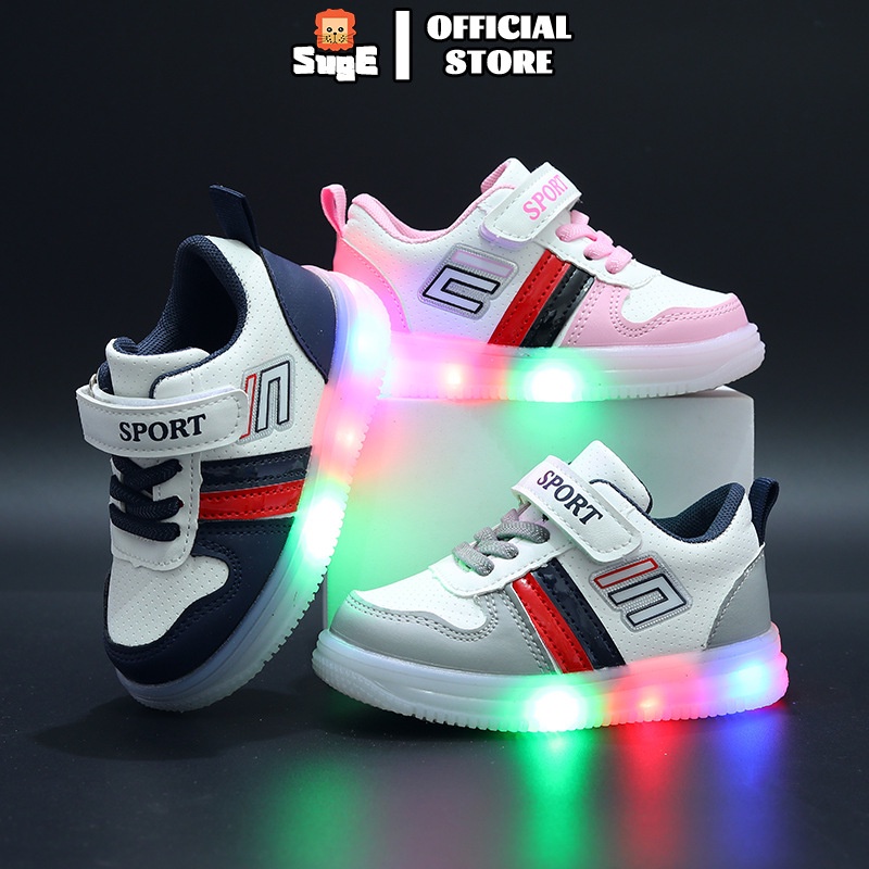 SUGE Size 21-30 Kids Shoes kasut budak Boys Fashion LED Glowing Sneakers for Baby Girls Toddler Footwear