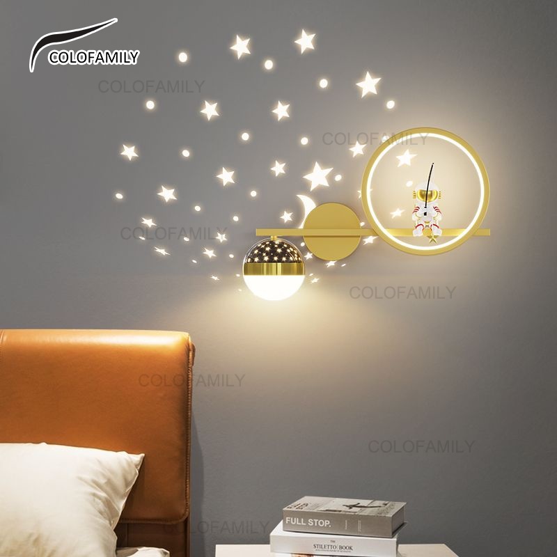 3 Color Led Wall Light Bedroom Bedside Lamp Spaceman Moon Children's Room Creative Lamp