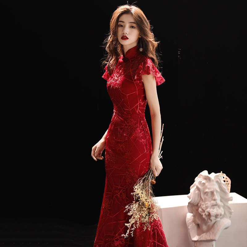 green emerald velvet dress Full Length Traditional Cheongsam Silk Chinese Dress with Floral Lace Edge