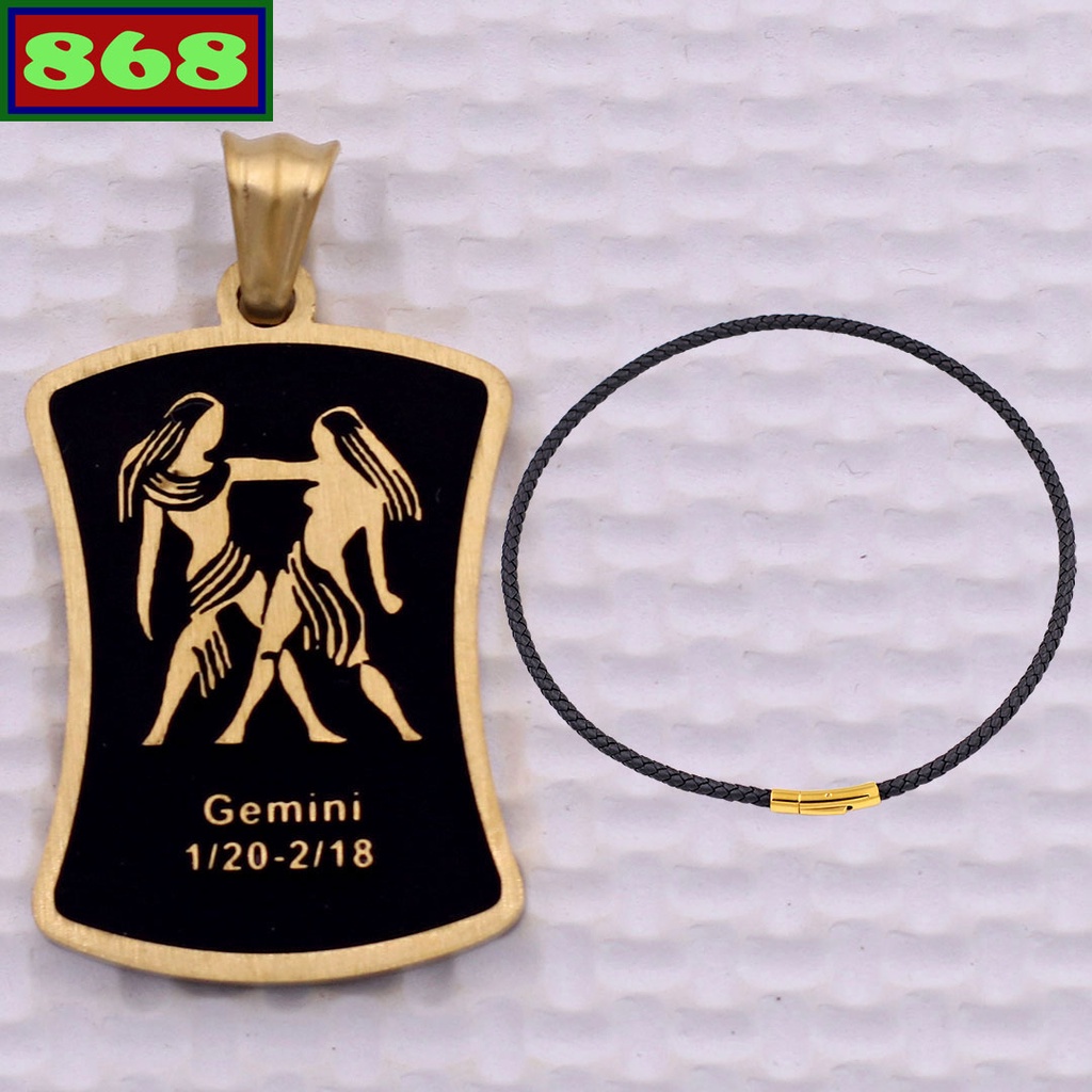 Zodiac - Gold stainless steel Gemini pendant (Gemini) with black leather necklace