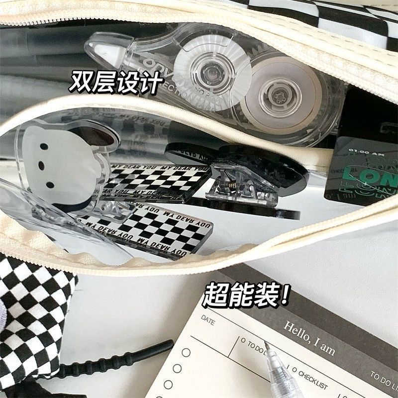 Ohaya Double-layer transparent checkerboard pencil case waterproof pvc black white pen bag Large capacity stationery cos