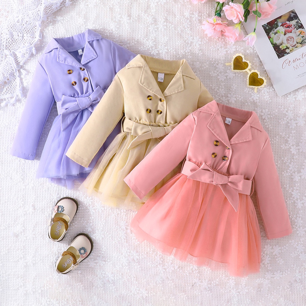 Dress Baby Girl Newborn 9 Months - 5Tahun Birthday Baju Raya Kurung Gaun Budak Perempuan Murah Long Sleeve Solid Color Cute Tulle Button Fashion Kids Princess Dresses Kanak Kanak Perempuan