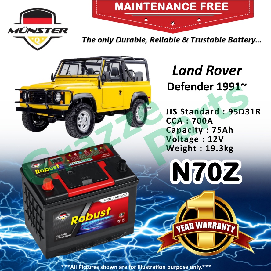 Münster Robust MF CMF N70Z | N70ZR | NX120-7R | 95D31R (75AH) Car Battery Bateri Kereta for Land Rover Defender 1991~