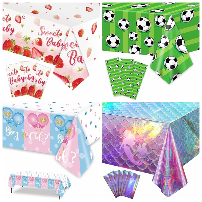 Multi Have 4 Style Party Plastic Tablecloth Strawberry Soccer Disposable Table Cover Mermaid Gender Reveal Waterproof... - Image 4