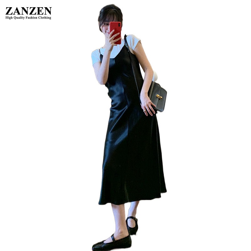 ZANZEN Sexy Sleeveless Backless Satin Suspender Dress Women Summer Birthday Party Club Long Bodycon Sundress Outfits