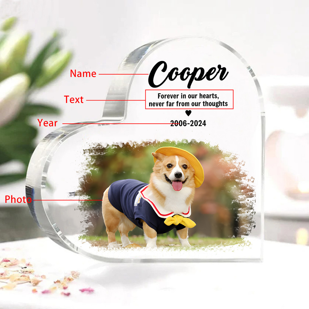 Custom Photo Heart Plaque - Acrylic Memorial Ornament with Text Loving Memory Gift for Dog Cat Lover