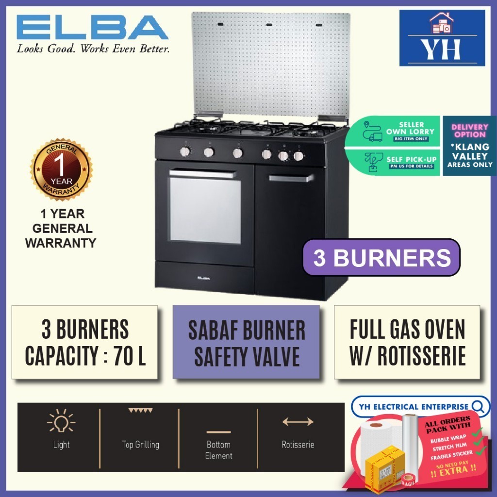 Elba EGC-C9703G 3 SABAF Burners 70L Gas Oven Safety Valve Free Standing Gas Cooker with Rotisserie - EGC-C9703G(BK)