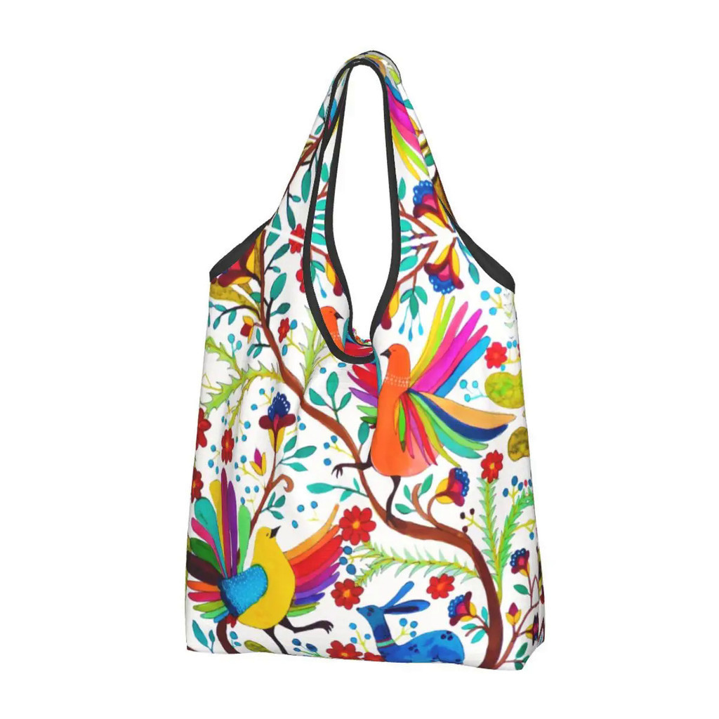 Cute Print Mexican Otomi Flowers Amate Shopping Tote Bags Portable Shopper Shoulder Mexico Textile Handbag