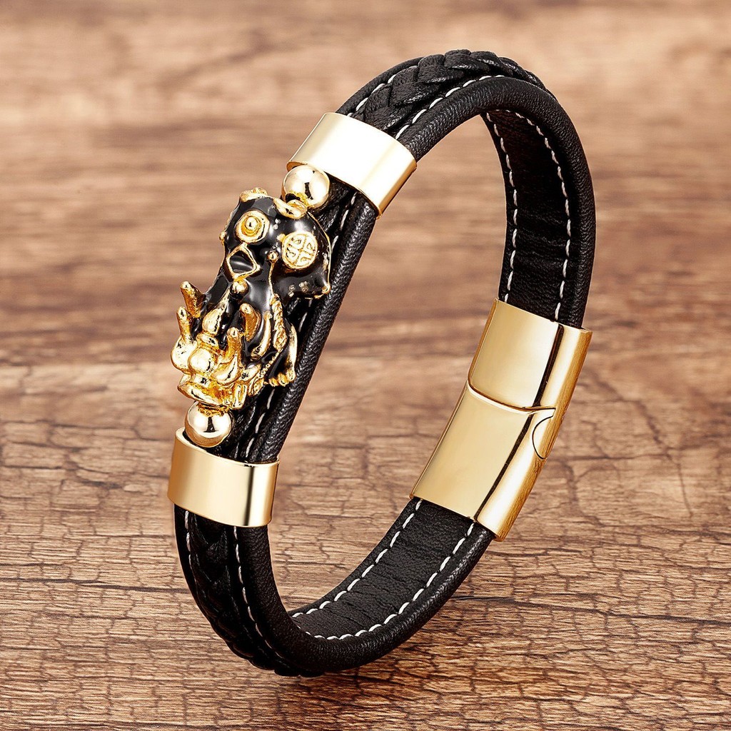 Unisex Feng Shui Pixiu Men's Bracelet Black Braided Leather Rope Stainless Steel Buckle Unisex Jewelry Gift Unisex Feng Shui Pixiu Men's Bracelet Black Braided Leather Rope Stainless Steel Buckle Unisex Jewelry Gift