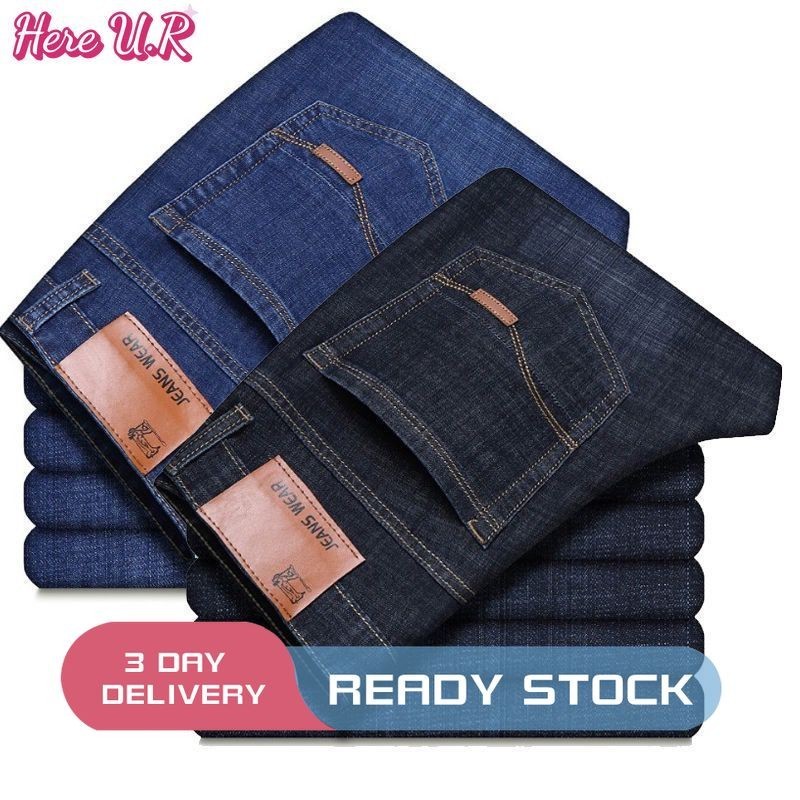 Here U.R  Men's Business Jeans Plus Size Stretch Straight Jeans Slim Denim Trousers